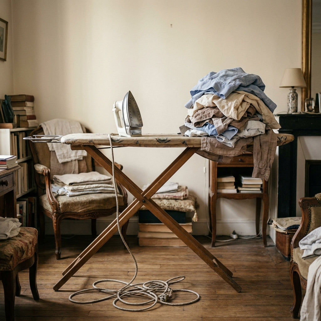 Une planche à repasser dépliée dans un salon, le fer et une pile de linge