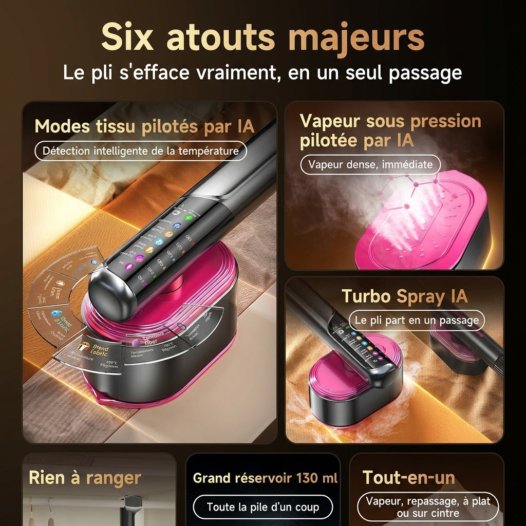 Les six atouts : modes tissu IA, vapeur sous pression, Turbo Spray, réservoir 130 ml
