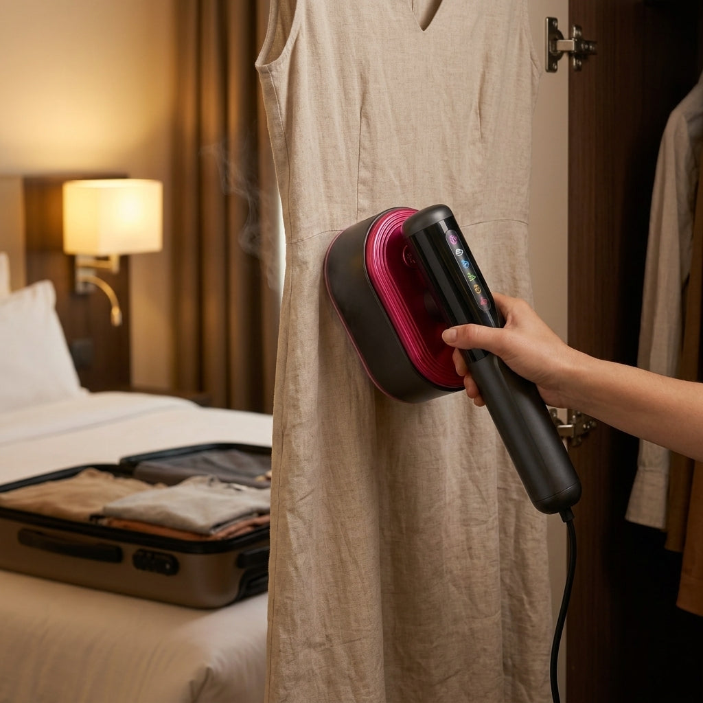 La robe défroissée au-dessus de la valise, à l'hôtel